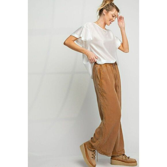 Easel Comfy + Cozy Mineral Washed Soft Twill Wide Leg Pants in Camel EB41434 - Picture 4 of 5